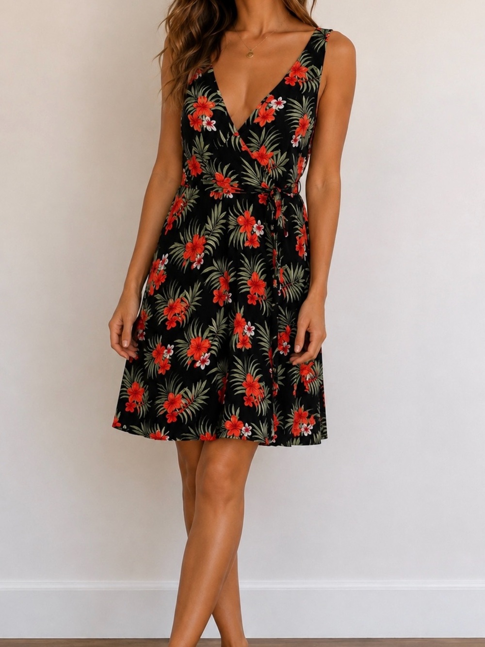 Honolua Surf Co Black Floral V-Neck Summer Dress with Red Hibiscus Print